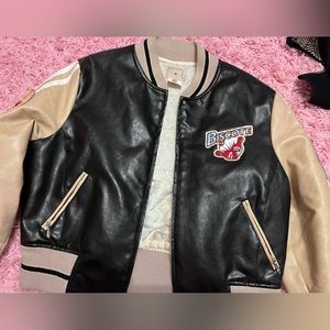 Beige & black leather womens bomber jacket
